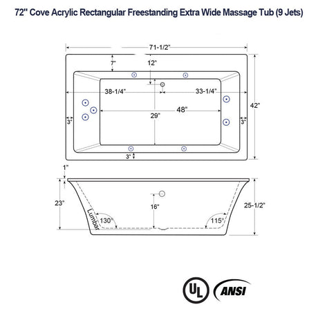 72" Cove Acrylic Rectangular Freestanding 42" Extra Wide Massage Tub