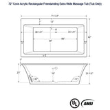 72" Cove Acrylic Rectangular Freestanding 42" Extra Wide Massage Tub