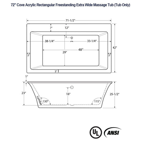 72" Cove Acrylic Rectangular Freestanding 42" Extra Wide Massage Tub
