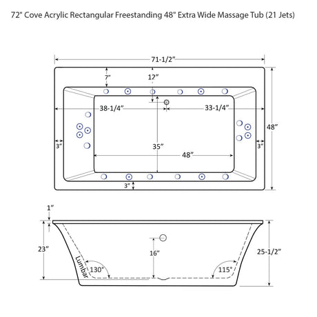 72" Cove Acrylic Rectangular Freestanding 48" Extra Wide Massage Tub
