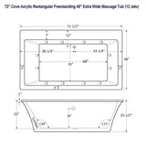 72" Cove Acrylic Rectangular Freestanding 48" Extra Wide Massage Tub