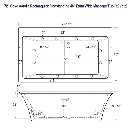 72" Cove Acrylic Rectangular Freestanding 48" Extra Wide Massage Tub