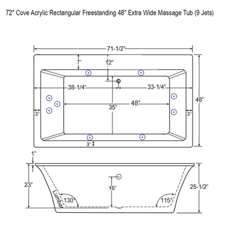 72" Cove Acrylic Rectangular Freestanding 48" Extra Wide Massage Tub