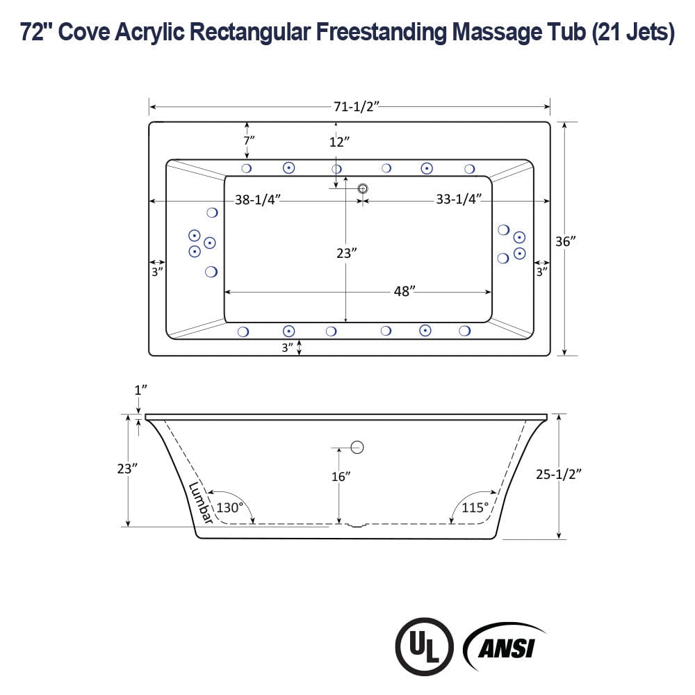 72" Cove Acrylic Rectangular Freestanding Massage Tub