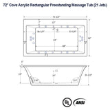 72" Cove Acrylic Rectangular Freestanding Massage Tub