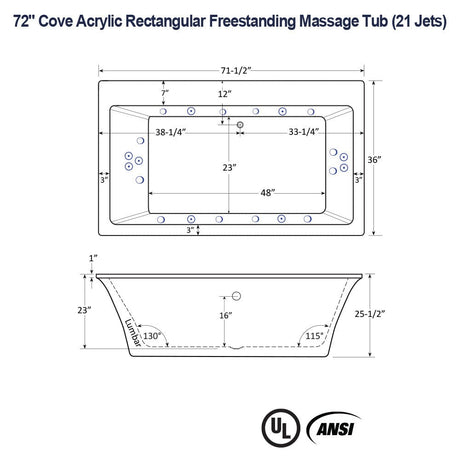 72" Cove Acrylic Rectangular Freestanding Massage Tub