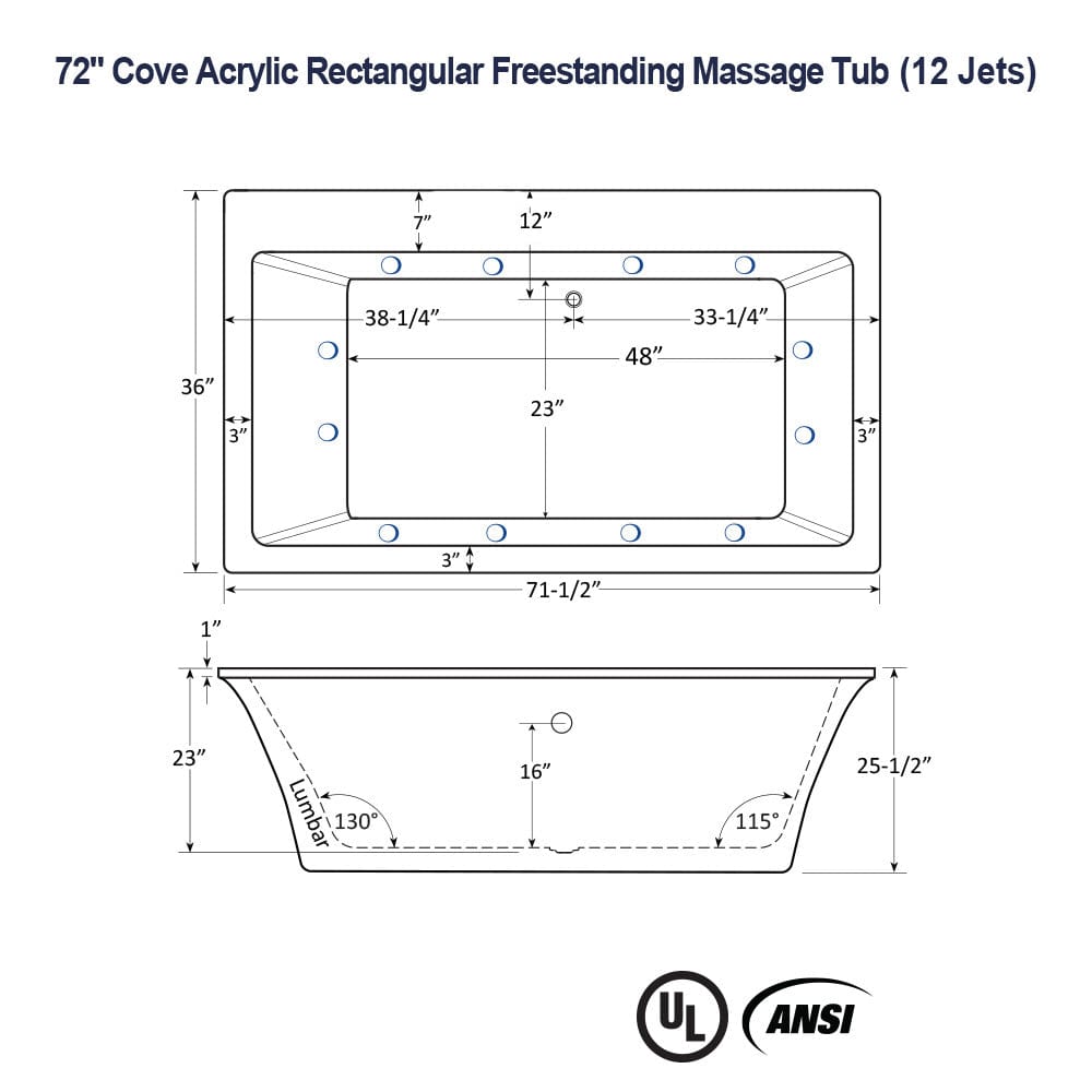 72" Cove Acrylic Rectangular Freestanding Massage Tub