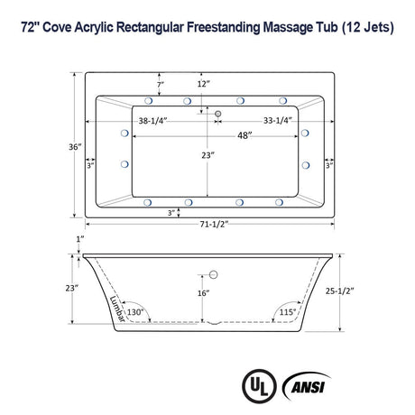72" Cove Acrylic Rectangular Freestanding Massage Tub