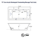 72" Cove Acrylic Rectangular Freestanding Massage Tub