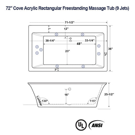 72" Cove Acrylic Rectangular Freestanding Massage Tub
