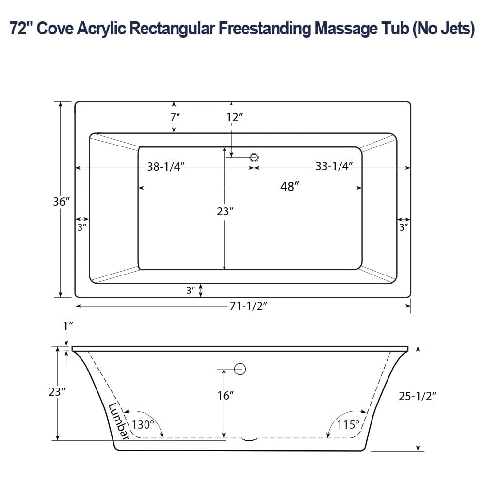 72" Cove Acrylic Rectangular Freestanding Massage Tub