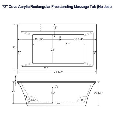 72" Cove Acrylic Rectangular Freestanding Massage Tub