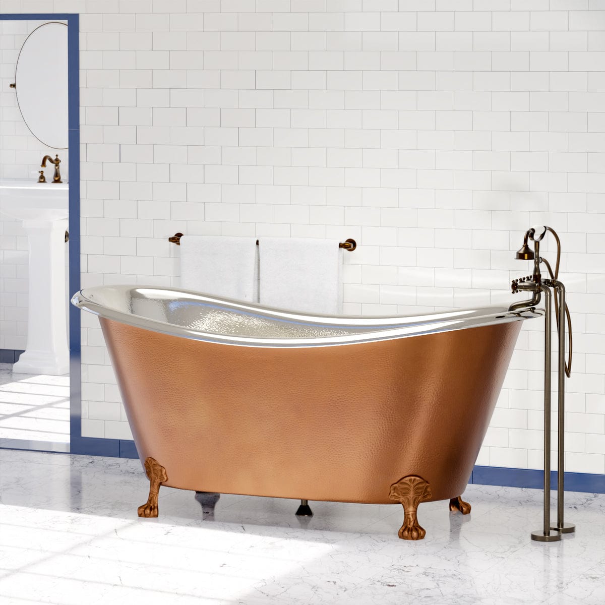 72" Forhaster Antique Copper Clawfoot Double-Slipper Tub - Nickel Interior