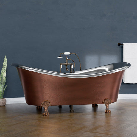 72" Kenlee Double Slipper Hammered Copper Clawfoot Tub with Rolled Rim - Polished Nickel Interior with Antique Copper Exterior