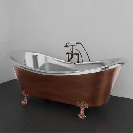 72" Kenlee Double Slipper Hammered Copper Clawfoot Tub with Rolled Rim - Polished Nickel Interior with Antique Copper Exterior