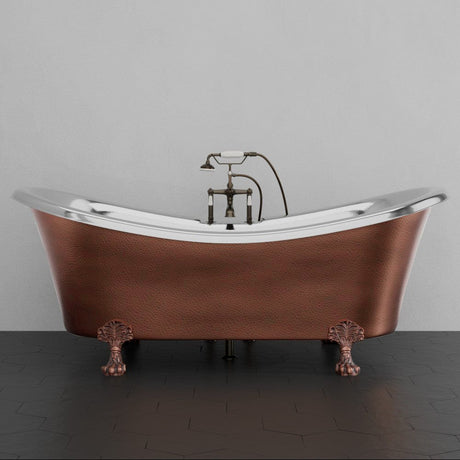 72" Kenlee Double Slipper Hammered Copper Clawfoot Tub with Rolled Rim - Polished Nickel Interior with Antique Copper Exterior