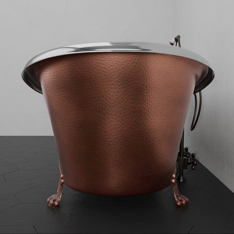72" Kenlee Double Slipper Hammered Copper Clawfoot Tub with Rolled Rim - Polished Nickel Interior with Antique Copper Exterior