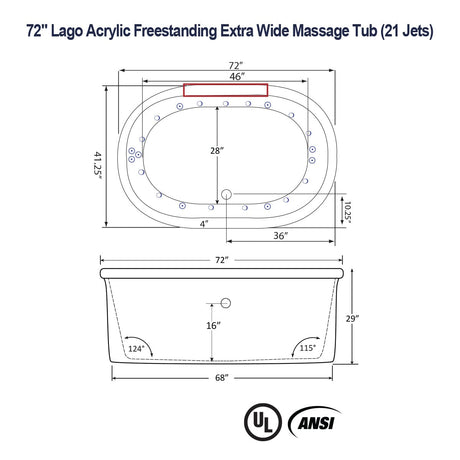 72" Lago Acrylic Freestanding Extra Wide Massage Tub