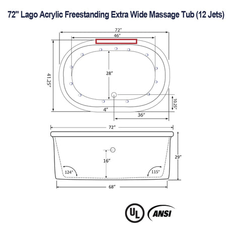 72" Lago Acrylic Freestanding Extra Wide Massage Tub