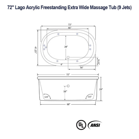 72" Lago Acrylic Freestanding Extra Wide Massage Tub
