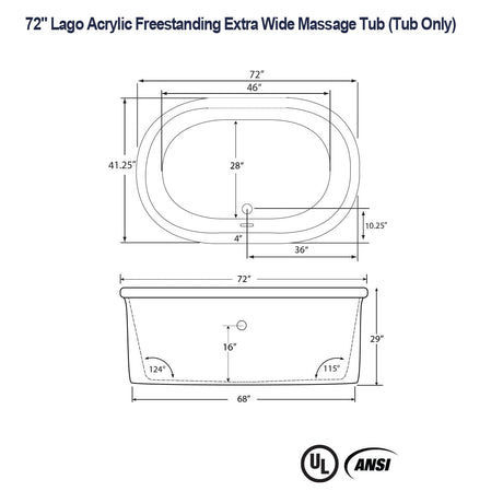 72" Lago Acrylic Freestanding Extra Wide Massage Tub
