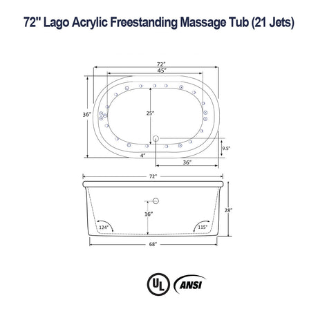 72" Lago Acrylic Freestanding Massage Tub