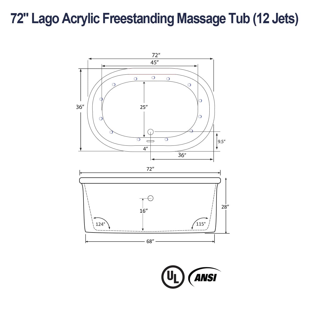 72" Lago Acrylic Freestanding Massage Tub