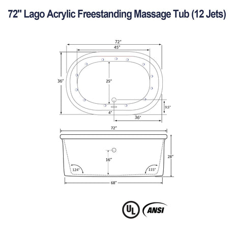 72" Lago Acrylic Freestanding Massage Tub