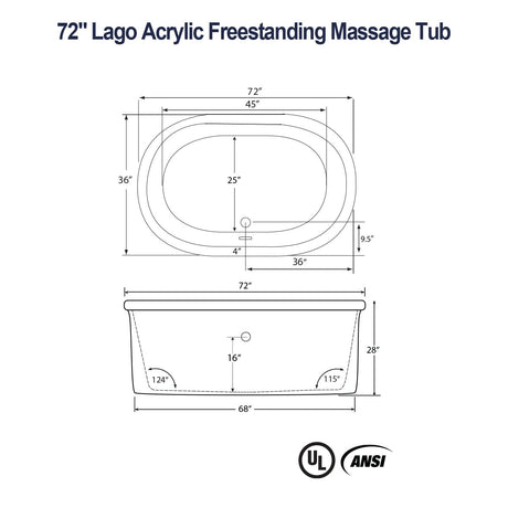 72" Lago Acrylic Freestanding Massage Tub