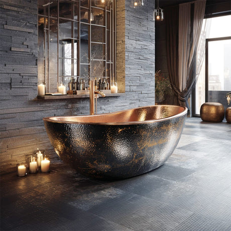 72 Sorella Antique Hammered Copper Double-Slipper Freestanding Tub with Polished Copper Interior