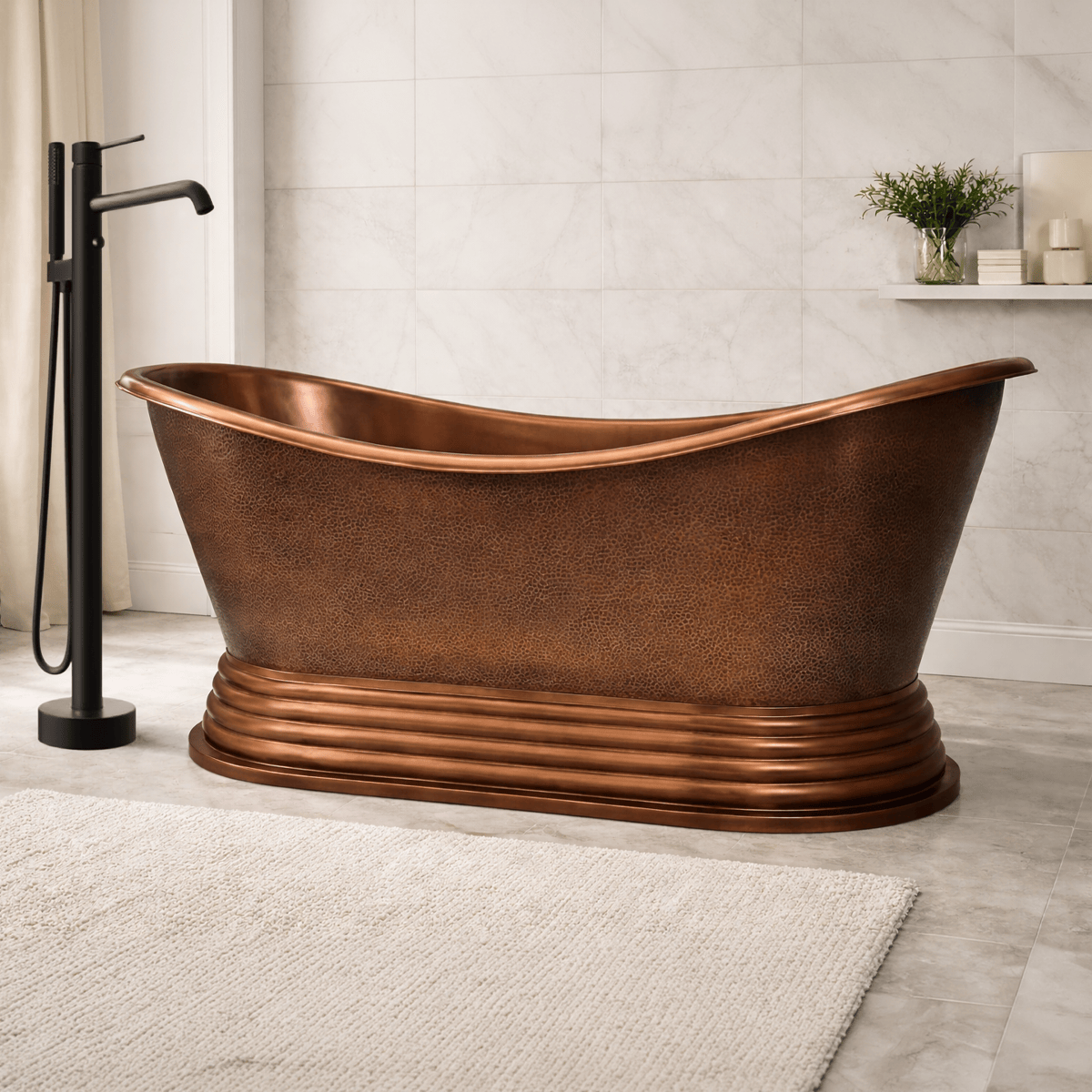72" x 40" Hernandez Extra Wide Copper Hammered Double Slipper Roll-Top Tub with Pedestal
