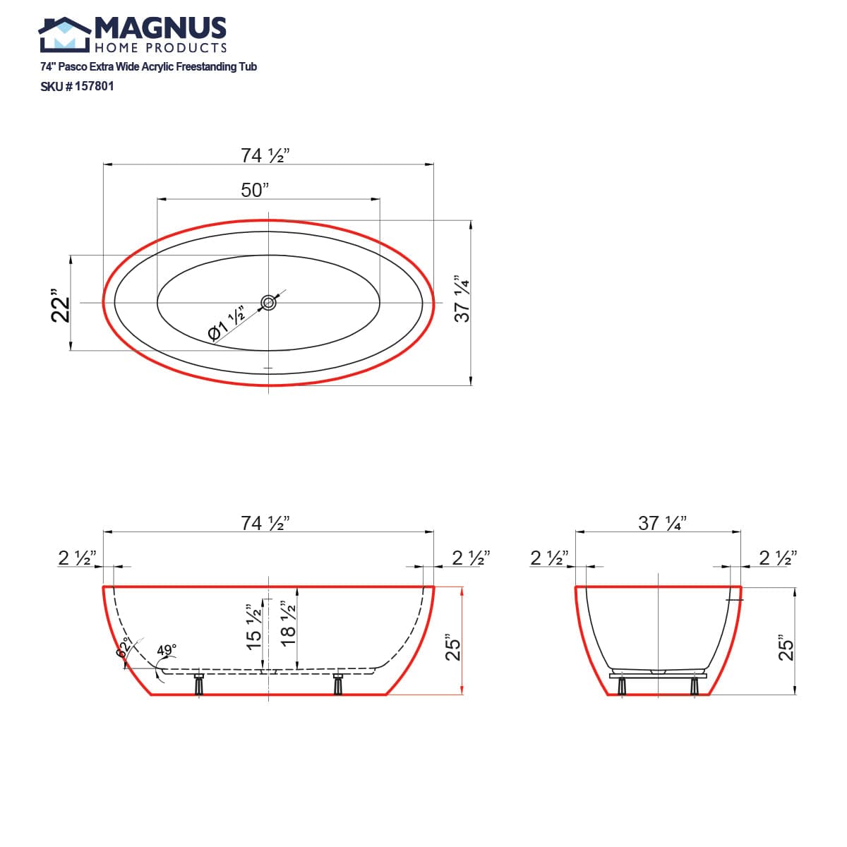 74" Pasco Extra Wide Acrylic Freestanding Tub