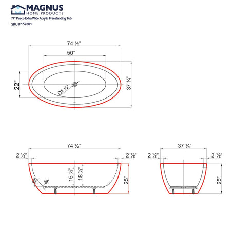 74" Pasco Extra Wide Acrylic Freestanding Tub