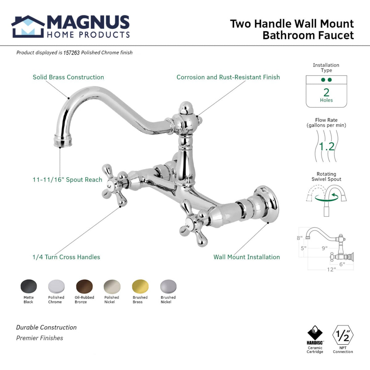 Albany Adjustable Wall-Mount Bathroom Faucet - Cross Handles