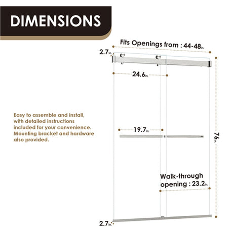 Ava 48" W x 76" H By Pass Frameless Shower Door with Clear Glass