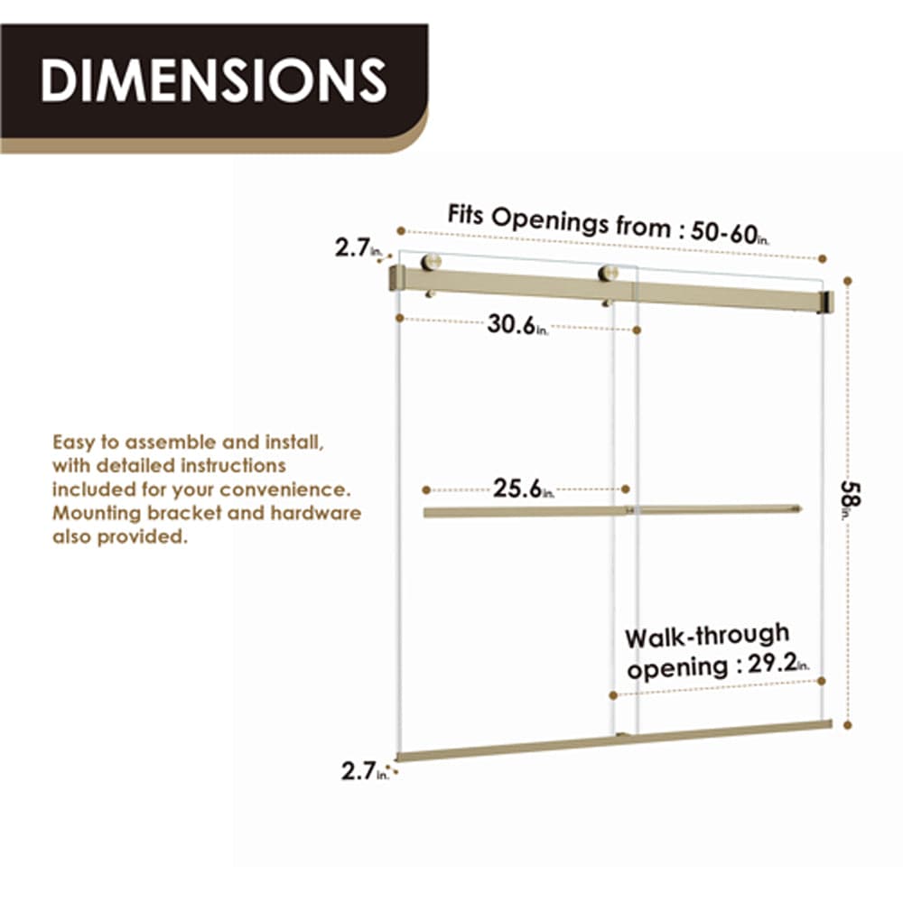 Ava 60" W x 58" H By Pass Frameless Tub Door with Clear Glass