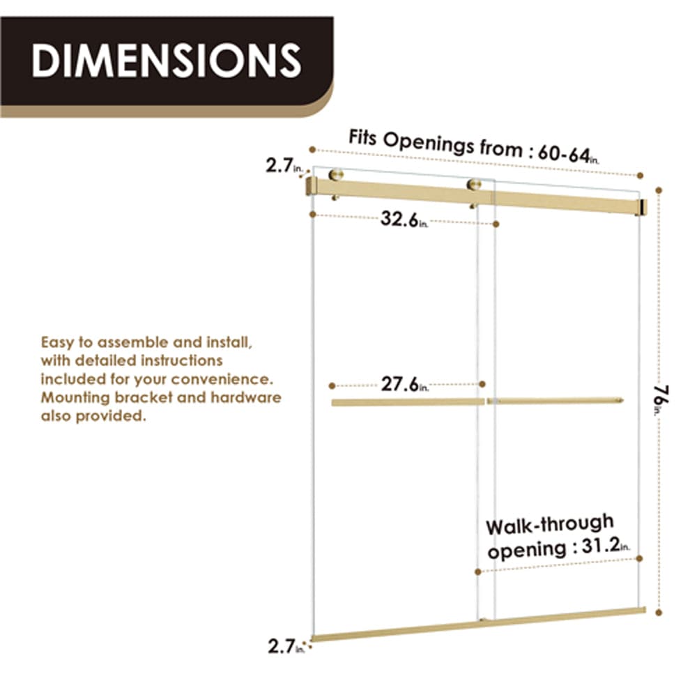 Ava 64" W x 76" H By Pass Frameless Shower Door with Clear Glass