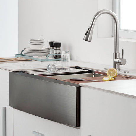 Bolton Stainless Steel Single-Bowl Workstation Farmhouse Sink with Offset Drain - Gunmetal Black