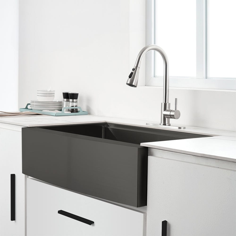 Bolton Stainless Steel Single-Bowl Workstation Farmhouse Sink with Offset Drain - Gunmetal Black