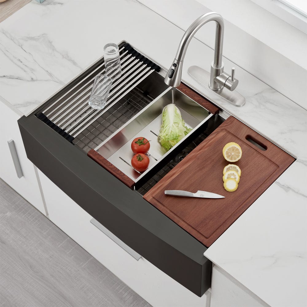 Bolton Stainless Steel Single-Bowl Workstation Farmhouse Sink with Offset Drain - Gunmetal Black