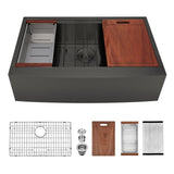 Bolton Stainless Steel Single-Bowl Workstation Farmhouse Sink with Offset Drain - Gunmetal Black