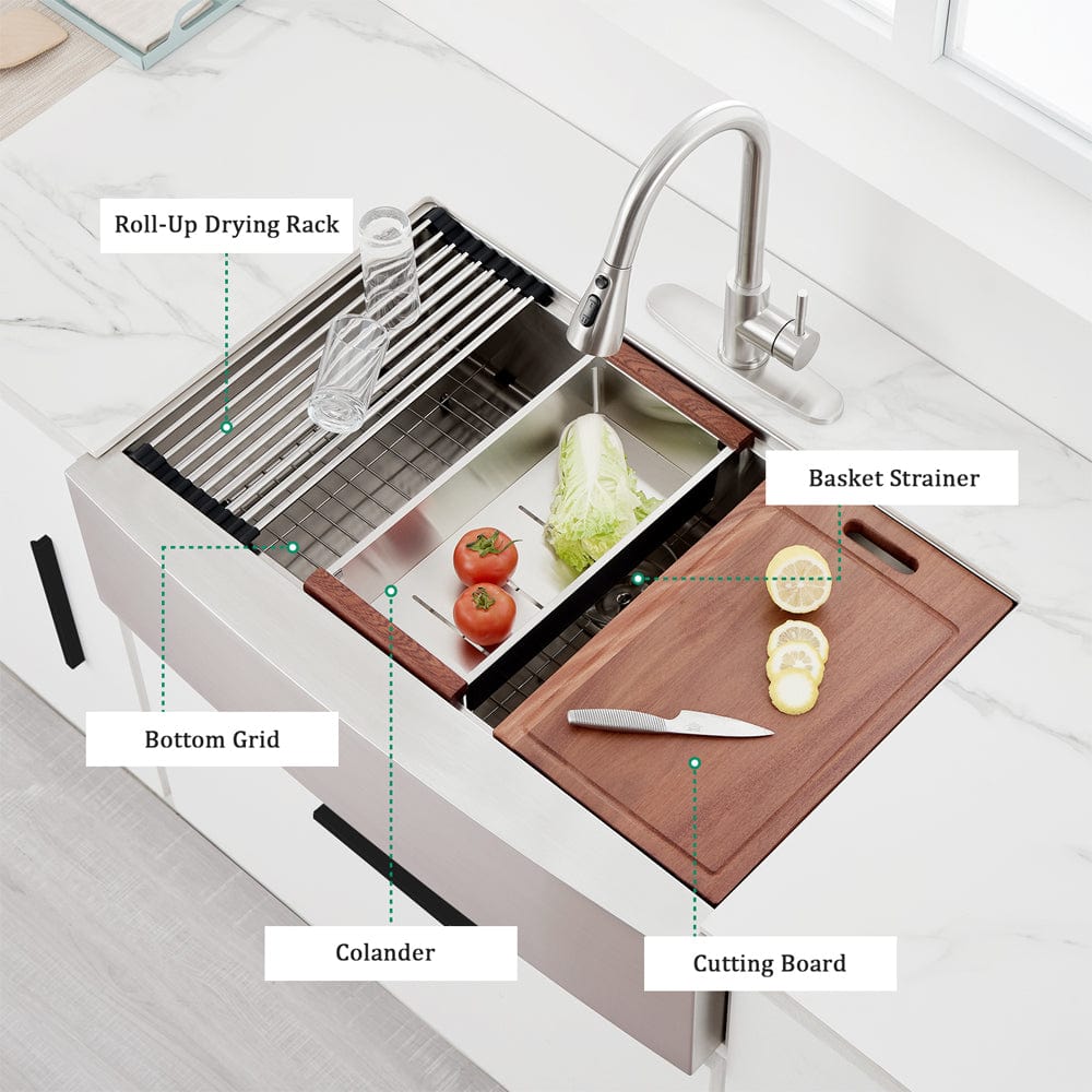 Bolton Stainless Steel Single-Bowl Workstation Farmhouse Sink with Offset Drain - Gunmetal Black