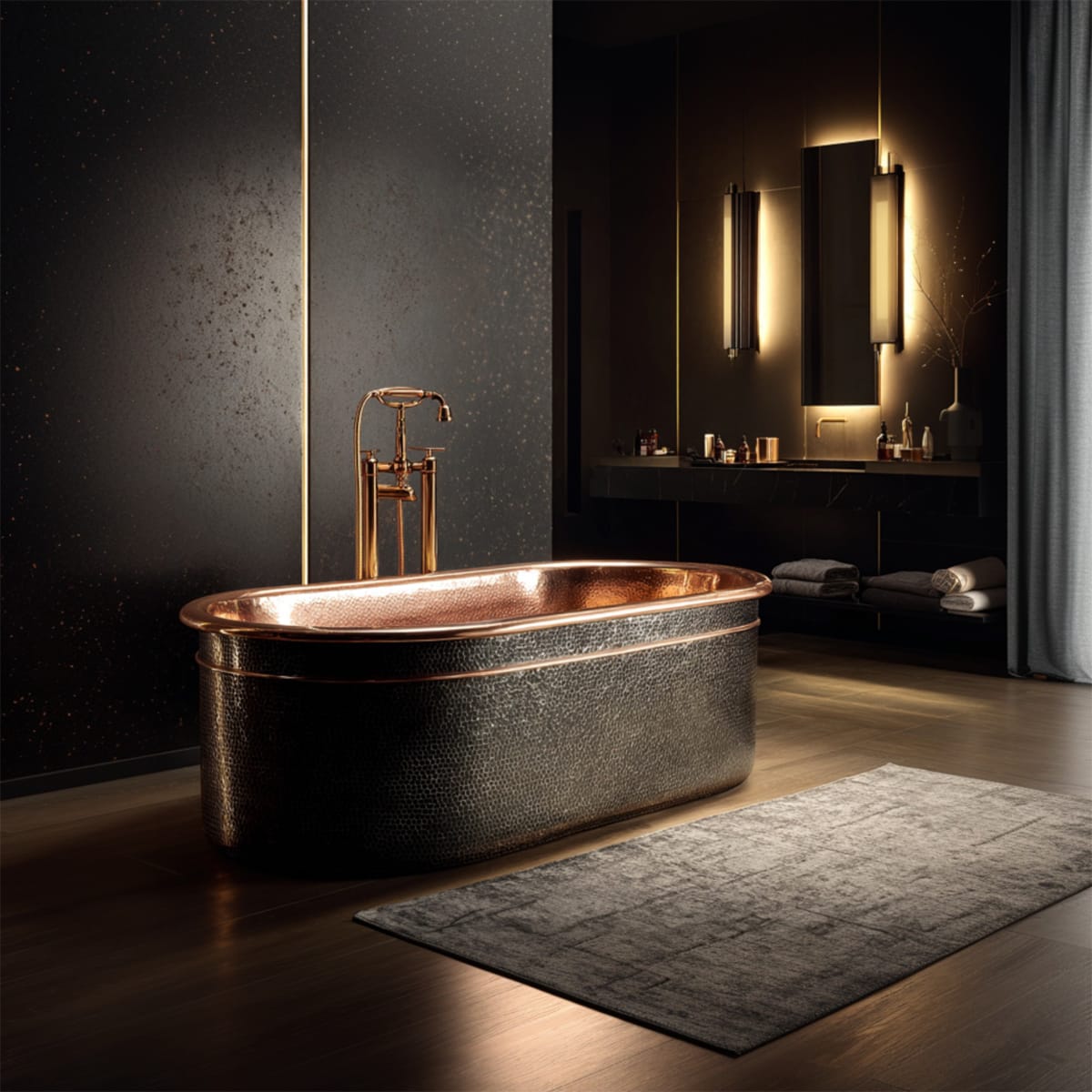 58" Forge Black Hammered Copper Freestanding Tub with Polished Copper Interior