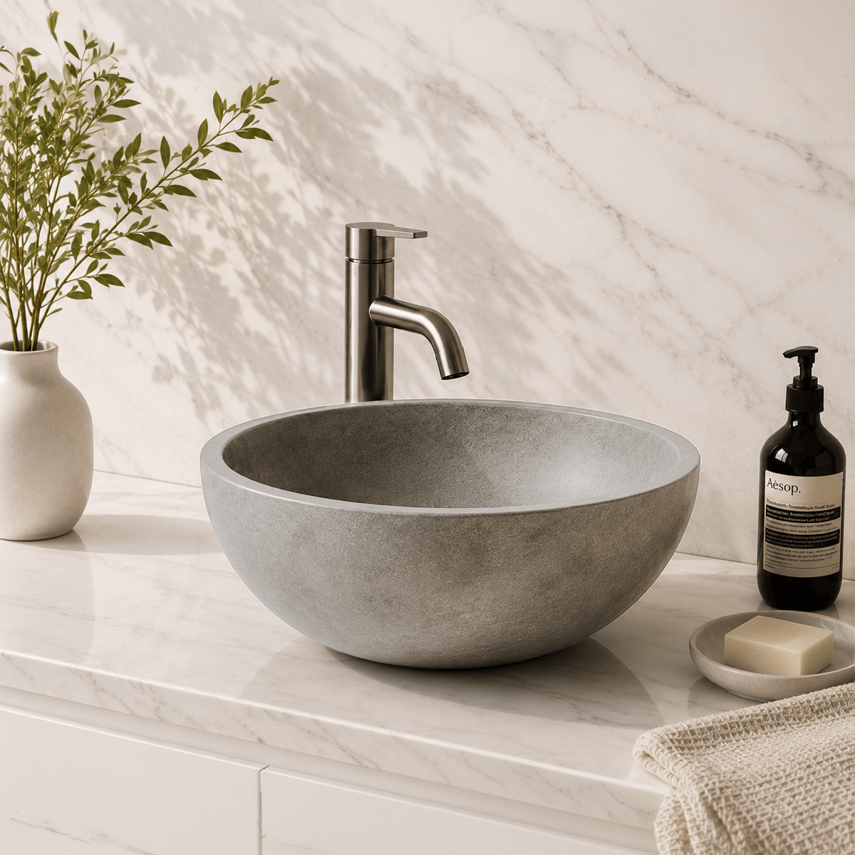 Felpy Round Cast Concrete Vessel Sink - Light Grey with Textured Finish