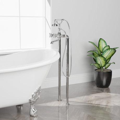 Freestanding Telephone Tub Faucet and Supply Lines - Flat Body and Cross Handles