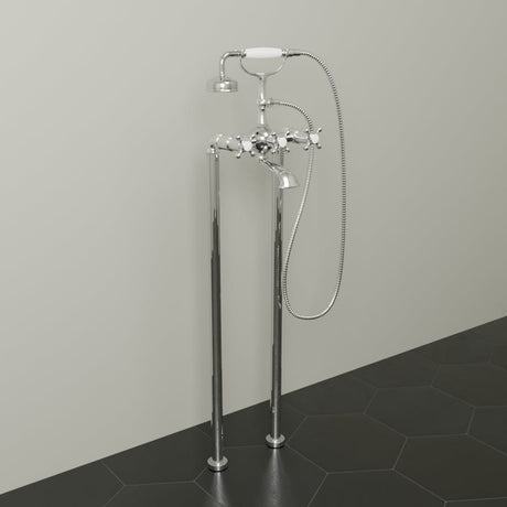 Freestanding Telephone Tub Faucet and Supply Lines - Flat Body and Cross Handles