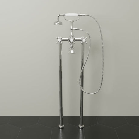Freestanding Telephone Tub Faucet and Supply Lines - Flat Body and Cross Handles
