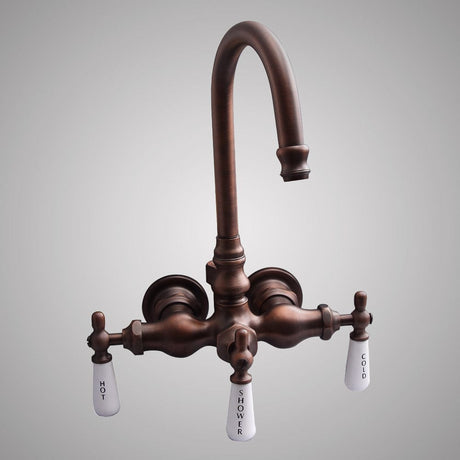 Gooseneck Leg Tub Wall-Mount Diverter Faucet with Porcelain Handles
