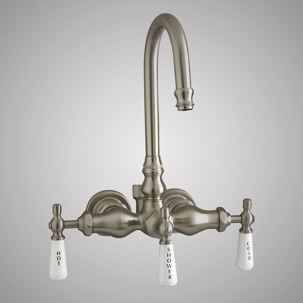 Gooseneck Leg Tub Wall-Mount Diverter Faucet with Porcelain Handles