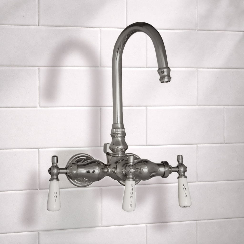 Gooseneck Leg Tub Wall-Mount Diverter Faucet with Porcelain Handles